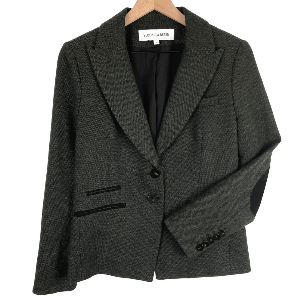 VERONICA BEARD Herringbone Wool Blend Blazer Sz 4 Green Black Elbow Patches EC